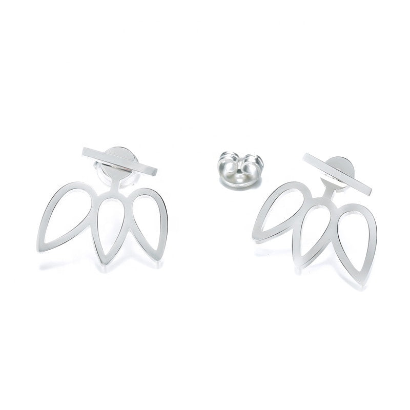 Stainless steel geometric flower petal stud earrings for women, minimalist design, 1.8 × 1.8 cm size, lightweight fashion jewelry.