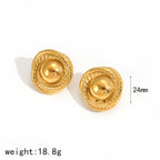 18K gold plated stainless steel circle disc stud earrings for women, classic beanie-style design, 24mm size, polished finish.