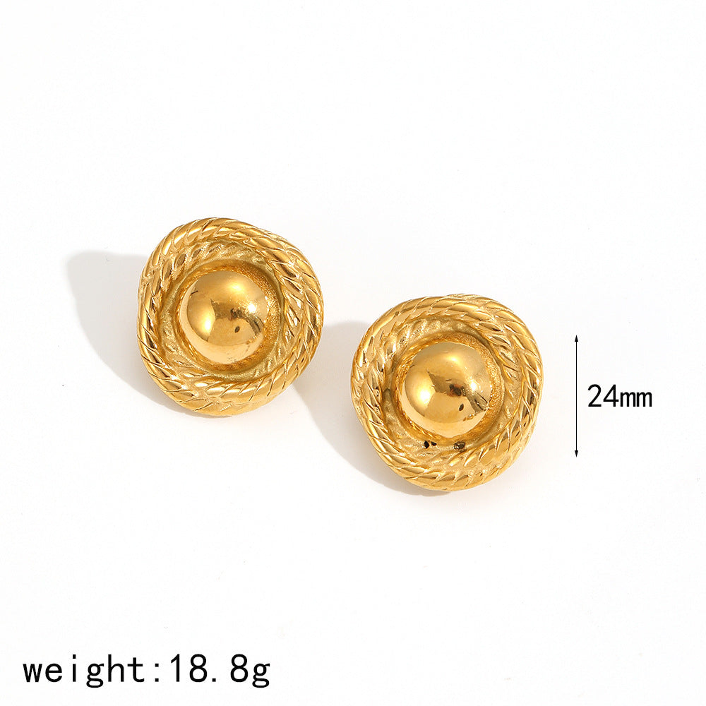 18K gold plated stainless steel circle disc stud earrings for women, classic beanie-style design, 24mm size, polished finish.