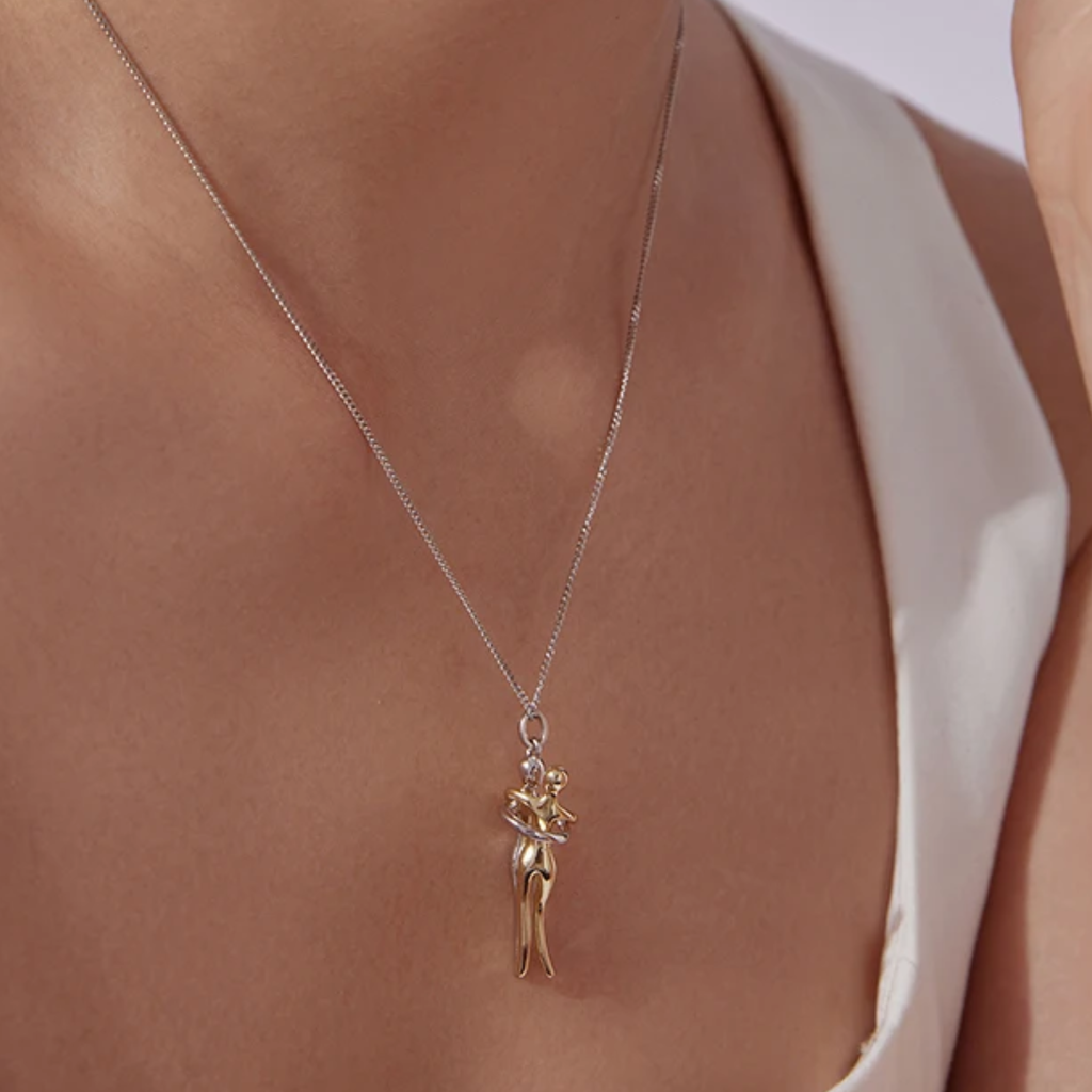 Mother & Child Sterling Silver Necklace, Detachable Two-Tone Family Love Pendant