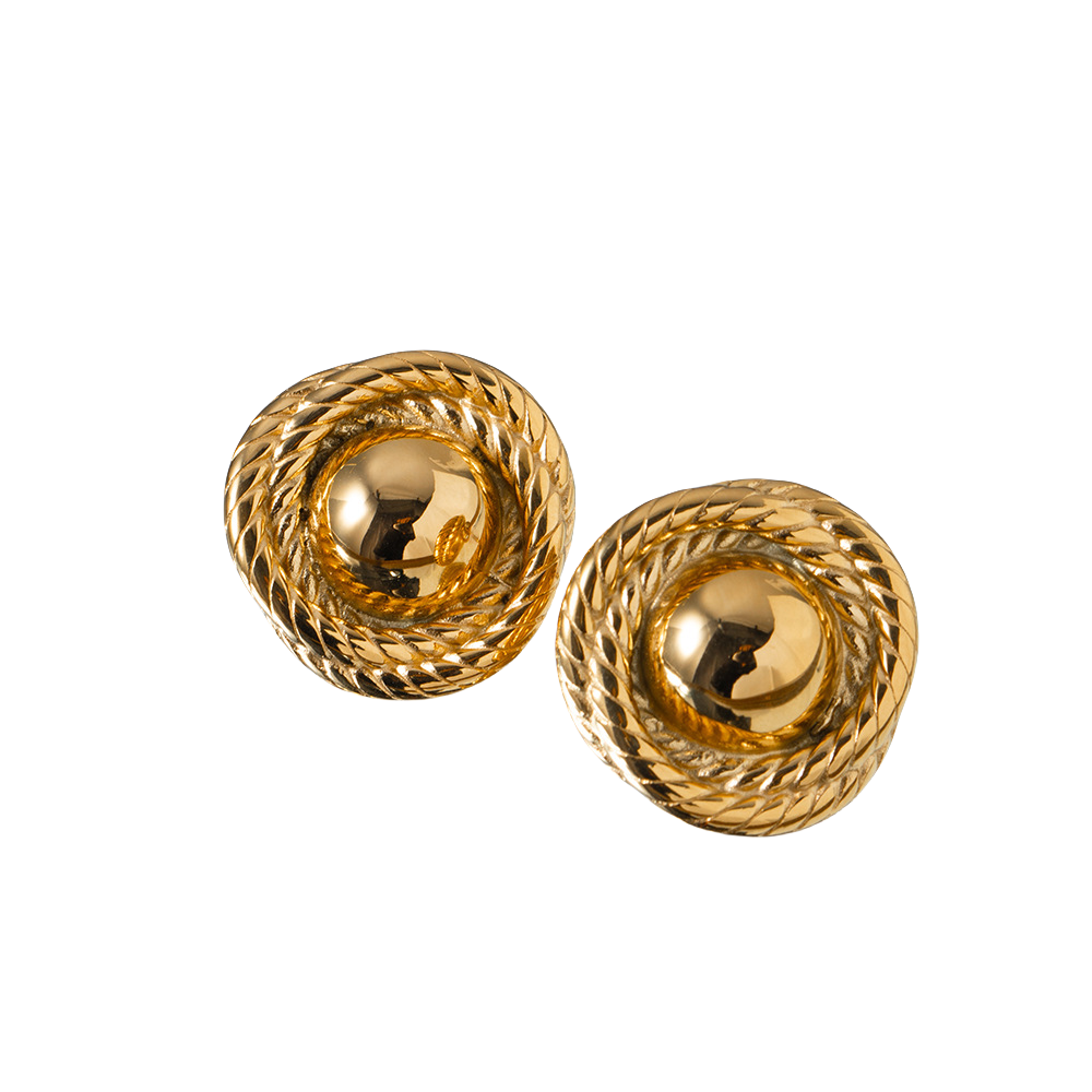 18K gold plated stainless steel circle disc stud earrings for women, classic beanie-style design, 24mm size, polished finish.