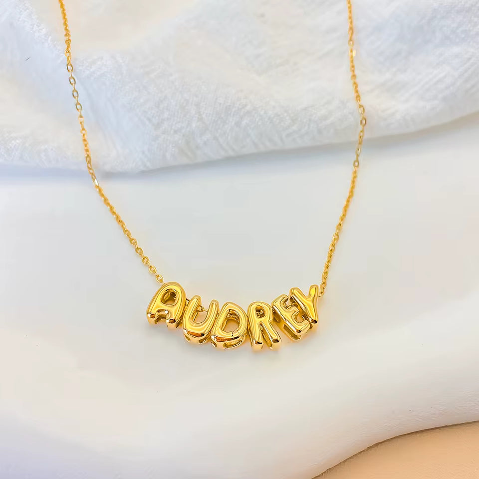 3D bubble name necklace, custom name necklace, stainless steel necklace, gold plated name necklace, silver name necklace, personalized jewelry for women, bubble letter pendant, custom letter necklace, trendy name necklace, high end personalized jewelry