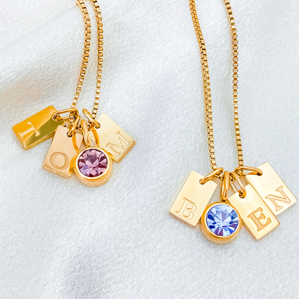 14K gold PVD plated stainless steel personalized necklace with square letter charms and one birthstone pendant, custom initial and birth month design.