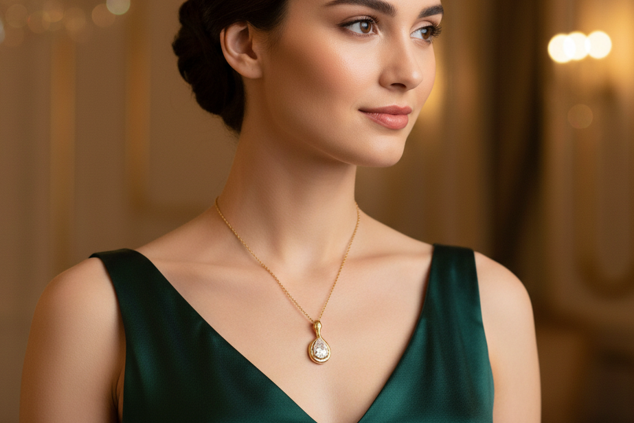 Woman wearing a green dress and gold necklace in an elegant interior setting,snake pendant necklace, sterling silver necklace, pear cut zircon necklace, gold snake necklace, silver snake jewelry, zircon pendant for women, minimalist pendant necklace, trendy jewelry 2025, elegant gift necklace, unique design necklace
