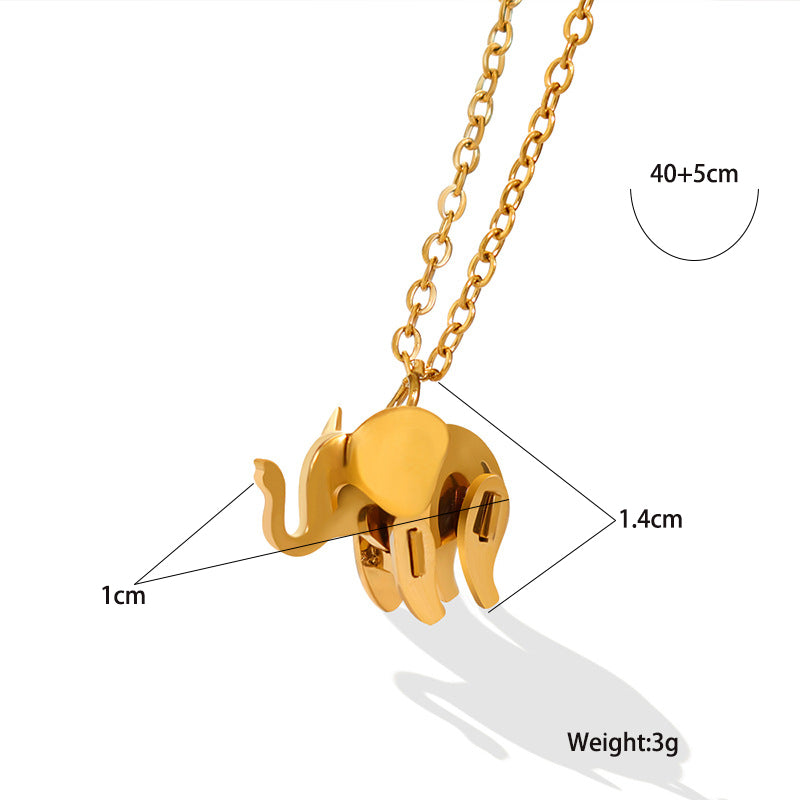 18K gold plated stainless steel elephant pendant necklace with cute animal design and adjustable link chain on white background