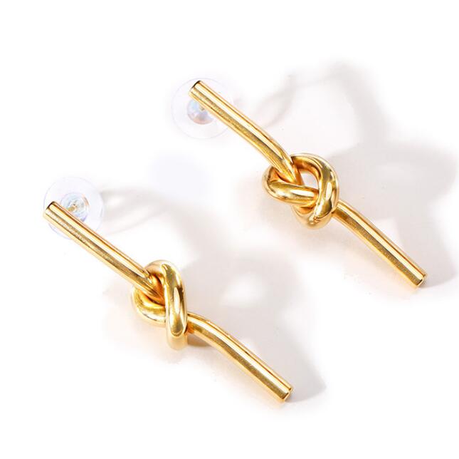 18K gold plated 316L stainless steel knotted earrings for women, trendy minimalist design with polished finish.