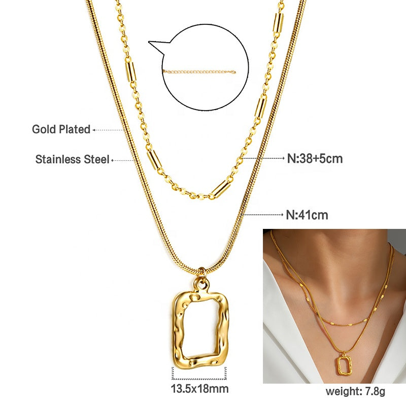 18K gold plated stainless steel engraved geometric pendant necklace with pearl accent, layered link chains, trendy women’s jewelry on white background
