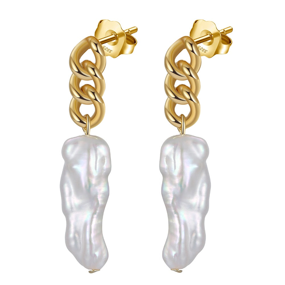 925 sterling silver chain stud earrings with 14K gold plating and natural freshwater baroque pearl drop
