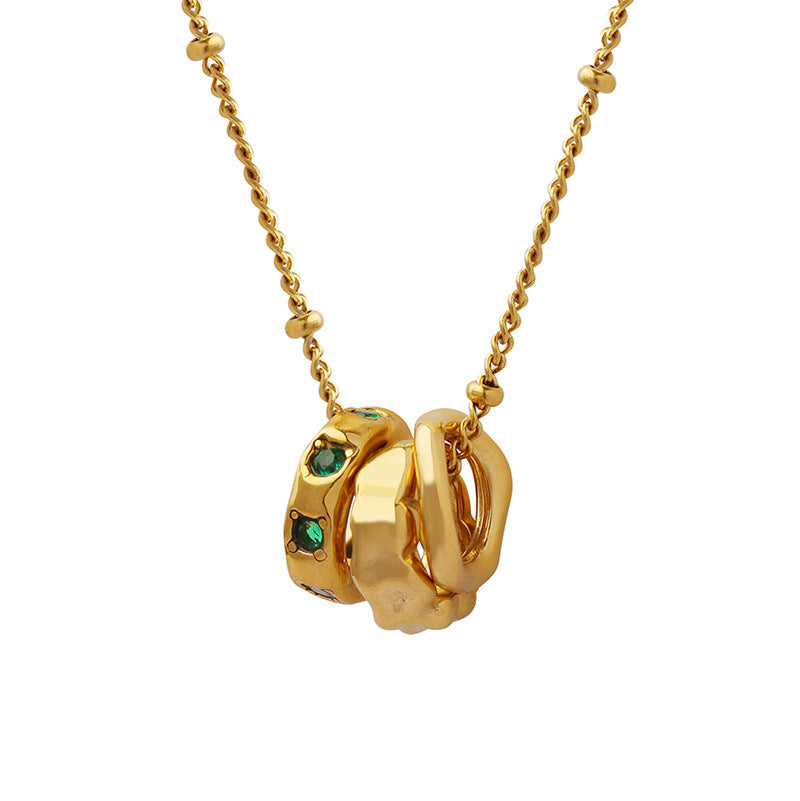 Three rings titanium steel pendant necklace with 18K gold plated finish, geometric trendy design, hypoallergenic women’s jewelry on white background