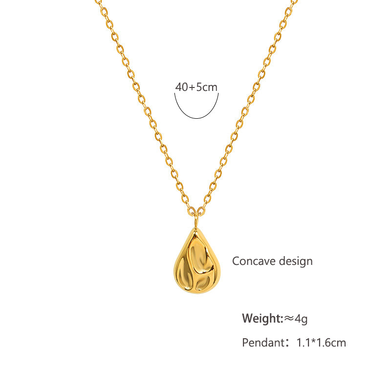 18K gold plated stainless steel water drop pendant necklace with concave geometric design and pearl accent, adjustable chain on white background