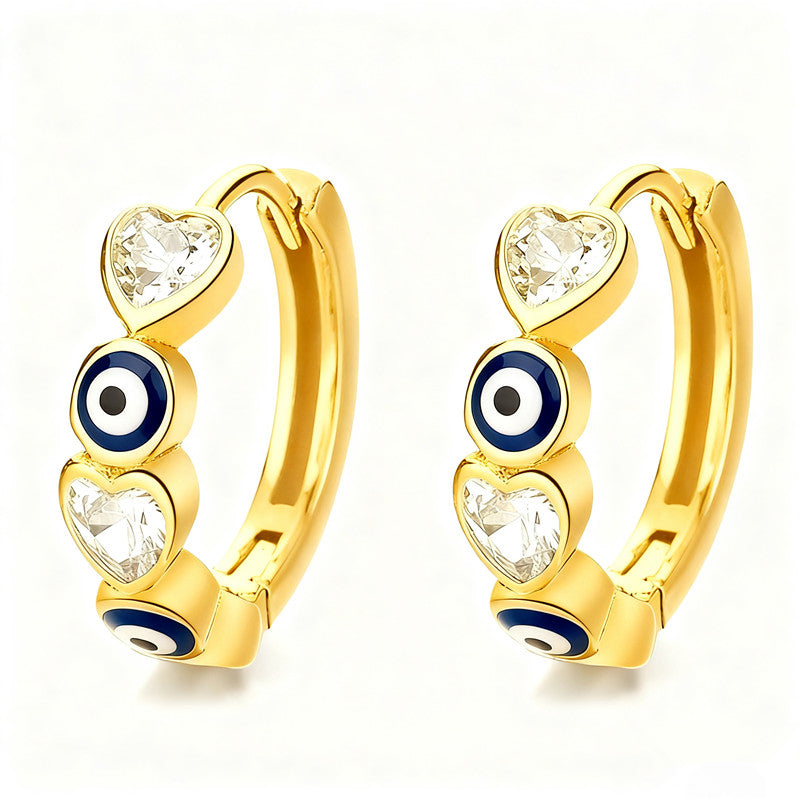 Gold plated 925 sterling silver evil eye hoop earrings with blue and red zircon heart detail