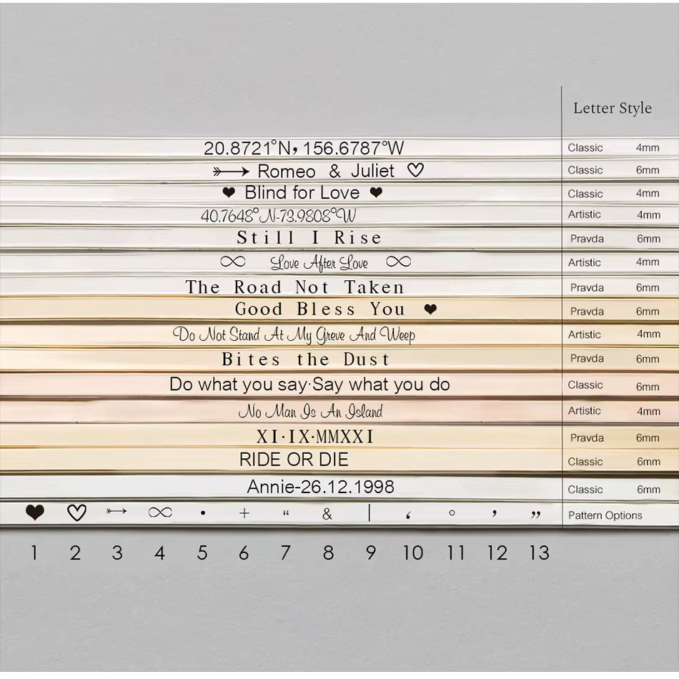 Minimalist 316L stainless steel engraved bar cuff bracelet with custom lettering, 4mm width, gold finish shown.
