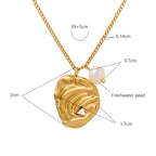 18K gold plated stainless steel geometric pendant necklace with freshwater pearl, adjustable chain, trendy vintage women’s jewelry on white background