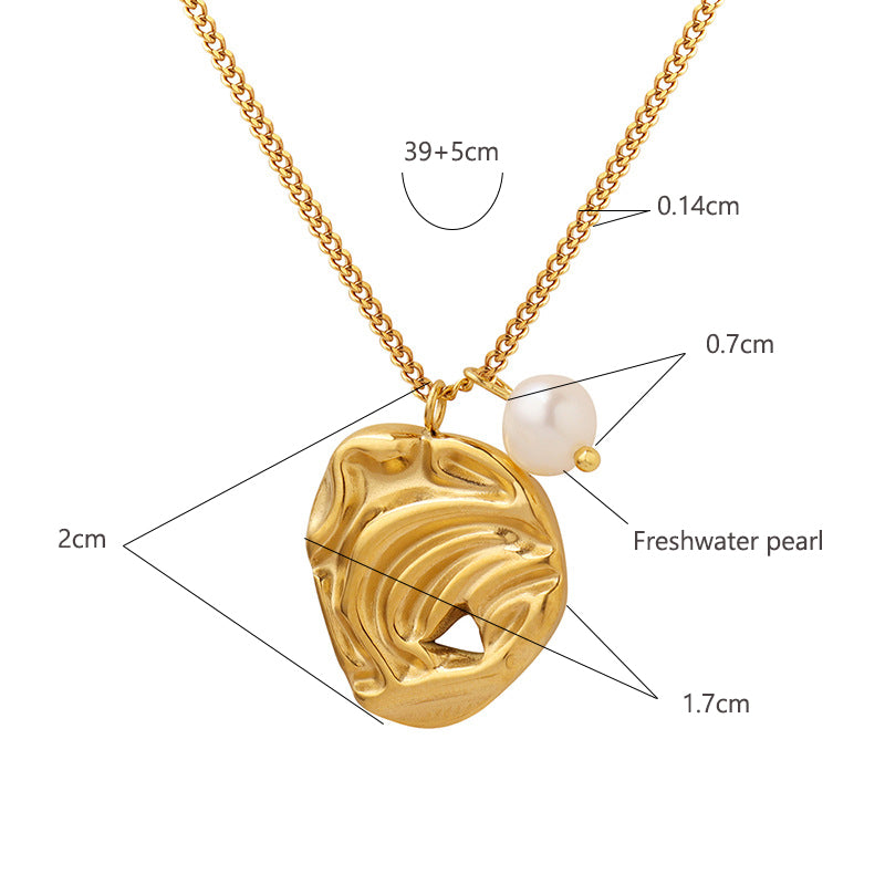 18K gold plated stainless steel geometric pendant necklace with freshwater pearl, adjustable chain, trendy vintage women’s jewelry on white background