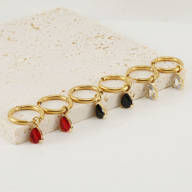 PVD Gold Plated Stainless Steel Zircon Stud Hoop Earrings , Heart and Teardrop Shape Earrings