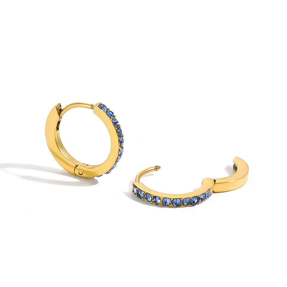 14K Gold Plated Birthstone Hoop Earrings , Stainless Steel CZ Stone Circle Hoops