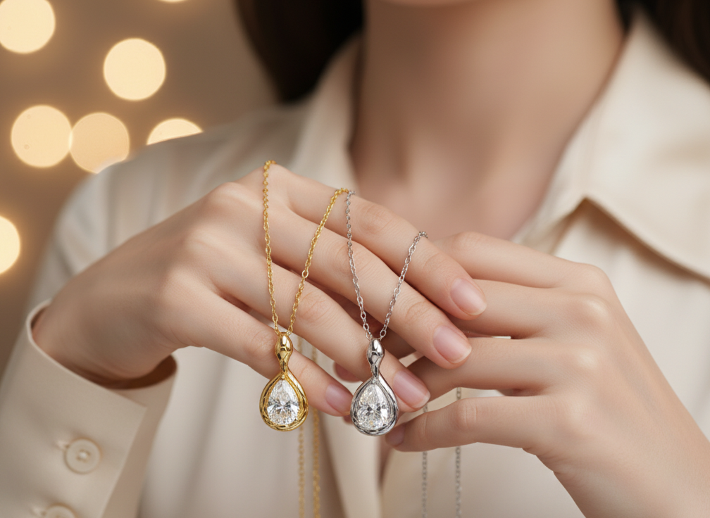 snake pendant necklace, sterling silver necklace, pear cut zircon necklace, gold snake necklace, silver snake jewelry, zircon pendant for women, minimalist pendant necklace, trendy jewelry 2025, elegant gift necklace, unique design necklace