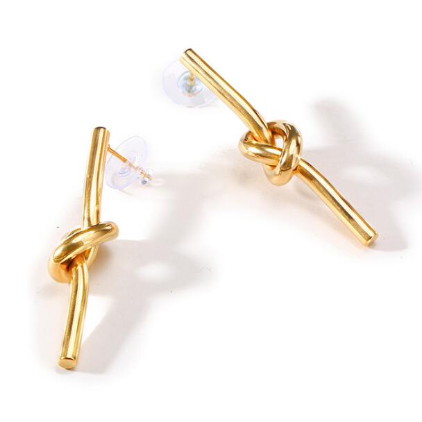 18K gold plated 316L stainless steel knotted earrings for women, trendy minimalist design with polished finish.