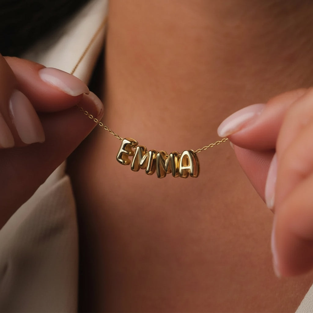 3D bubble name necklace, custom name necklace, stainless steel necklace, gold plated name necklace, silver name necklace, personalized jewelry for women, bubble letter pendant, custom letter necklace, trendy name necklace, high end personalized jewelry