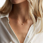 Minimalist stainless steel pearl choker necklace with 5mm pearl pendant, adjustable 15–17 inches chain, worn on model.