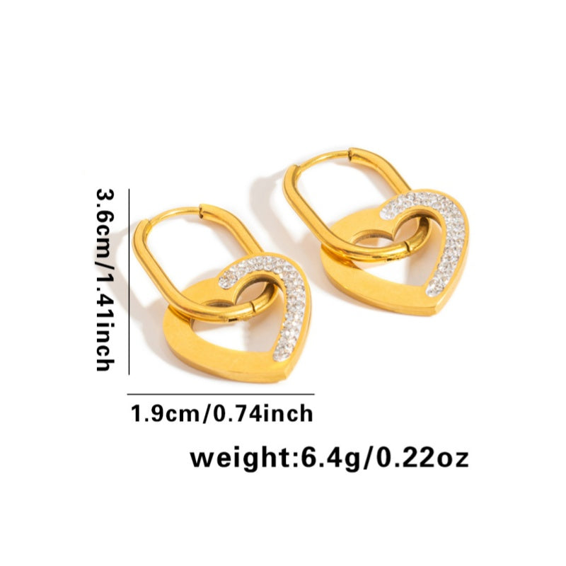 Gold plated stainless steel heart hoop earrings with zircon accents, geometric heart design, 3.6 × 1.9 cm size.
