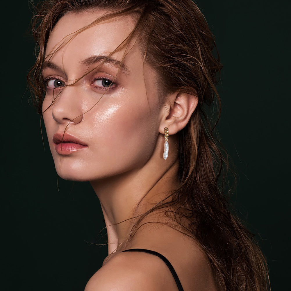 925 sterling silver chain stud earrings with 14K gold plating and natural freshwater baroque pearl drop