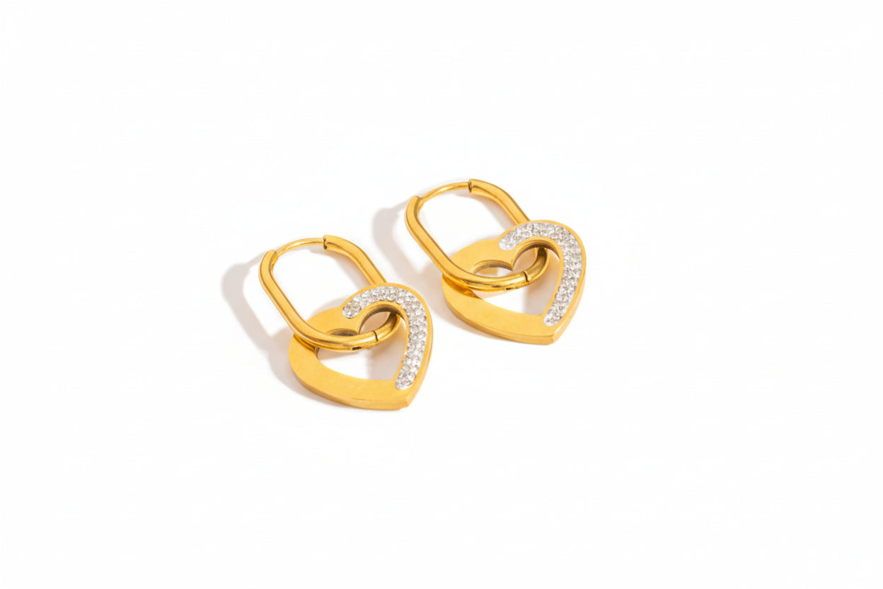 Gold plated stainless steel heart hoop earrings with zircon accents, geometric heart design, 3.6 × 1.9 cm size.