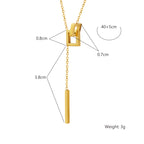 18K gold plated stainless steel geometric tassel pendant necklace with hollow square design and adjustable link chain on white background