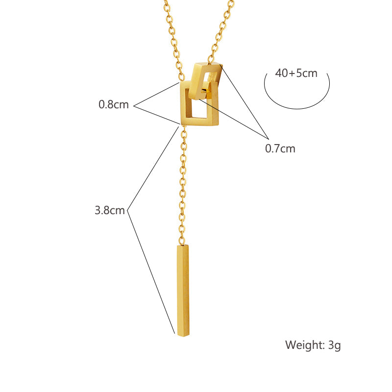18K gold plated stainless steel geometric tassel pendant necklace with hollow square design and adjustable link chain on white background