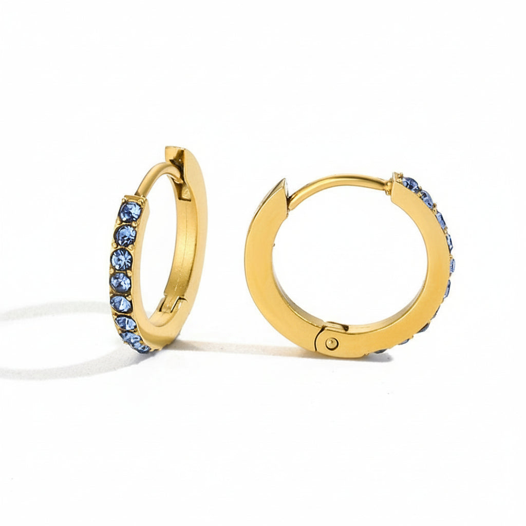 14K Gold Plated Birthstone Hoop Earrings , Stainless Steel CZ Stone Circle Hoops
