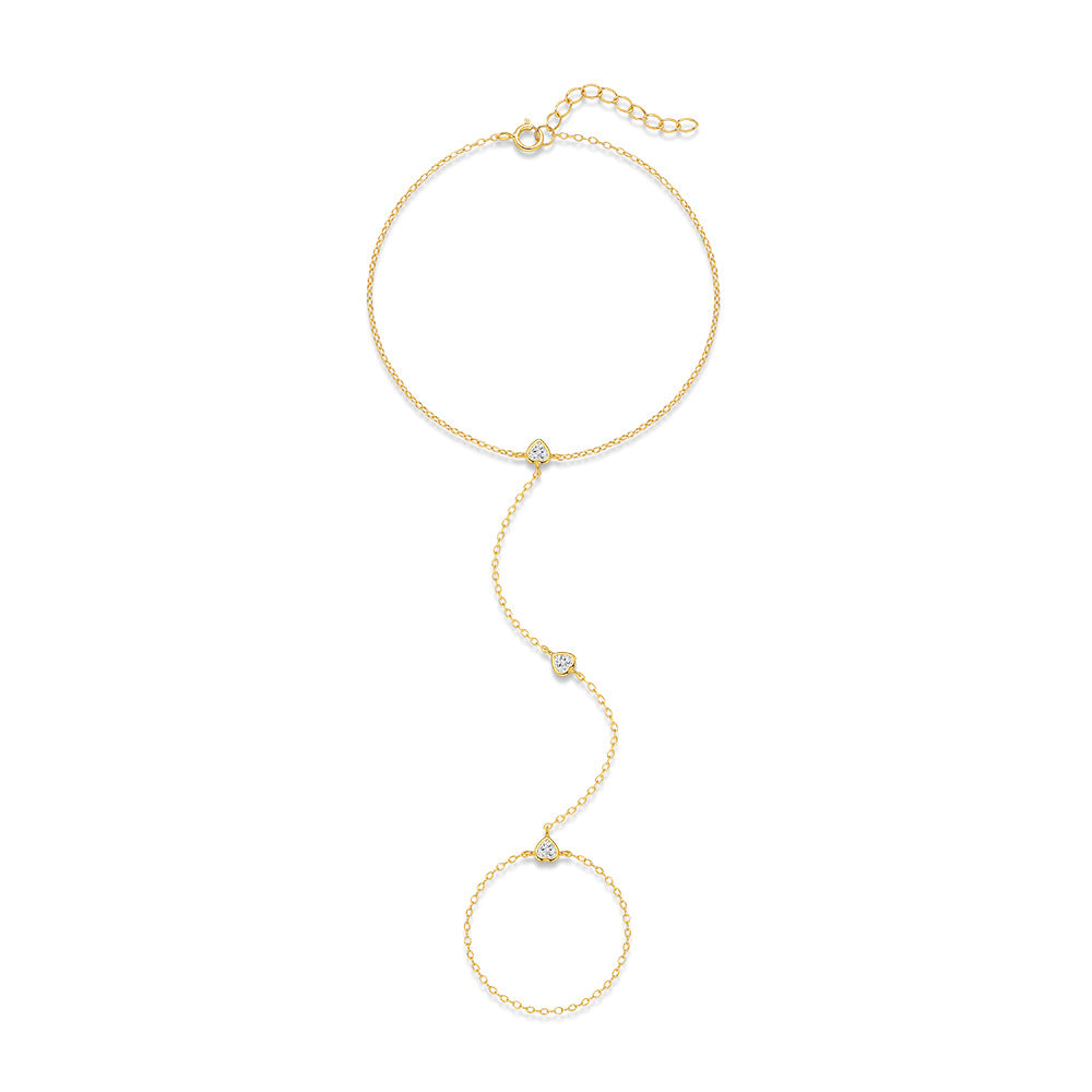 Gold plated 925 sterling silver hand chain bracelet with zirconia accents, adjustable finger bracelet design