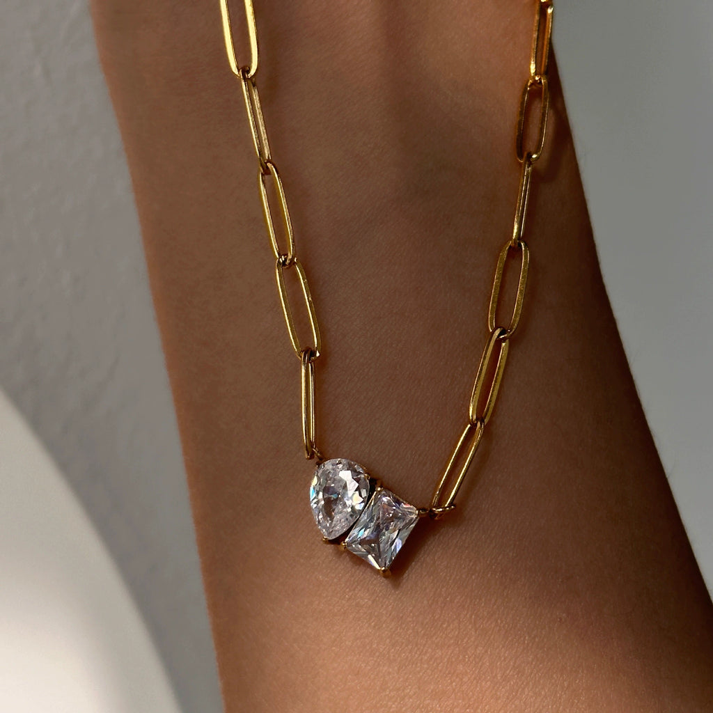 zircon necklace women, rectangle pendant necklace, gold plated zircon necklace, stainless steel necklace women, modern chain necklace, minimalist zircon jewelry, elegant women necklace, gift necklace for her, party jewelry necklace, engagement style necklace