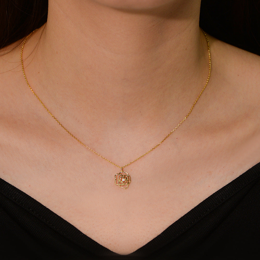 Gold plated 925 sterling silver flower jewelry set with zircon stones including pendant necklace, stud earrings and ring