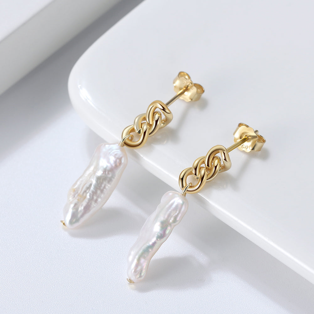 925 sterling silver chain stud earrings with 14K gold plating and natural freshwater baroque pearl drop