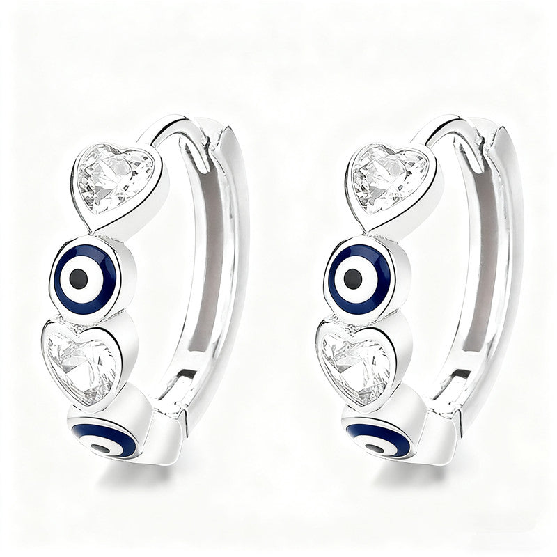 Gold plated 925 sterling silver evil eye hoop earrings with blue and red zircon heart detail