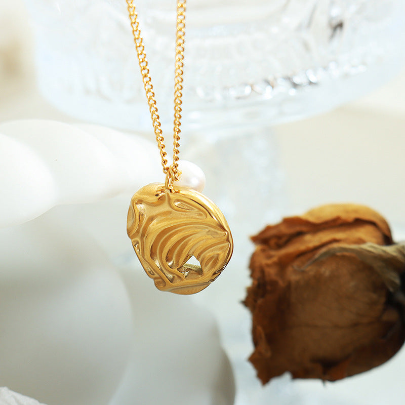 18K gold plated stainless steel geometric pendant necklace with freshwater pearl, adjustable chain, trendy vintage women’s jewelry on white background