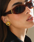 18K gold plated stainless steel circle disc stud earrings for women, classic beanie-style design, 24mm size, polished finish.