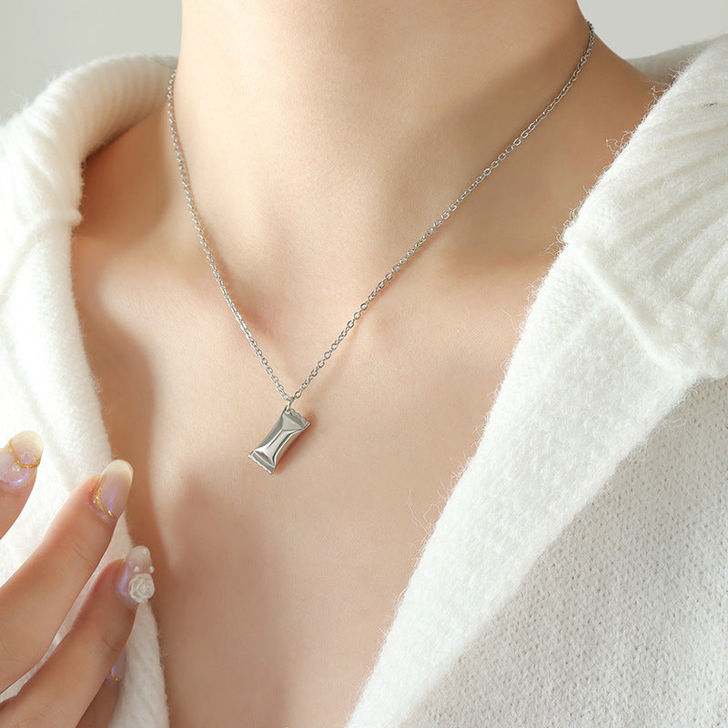 18K gold plated stainless steel pearl pendant necklace with minimalist geometric design, bead chain, adjustable unisex jewelry on white background