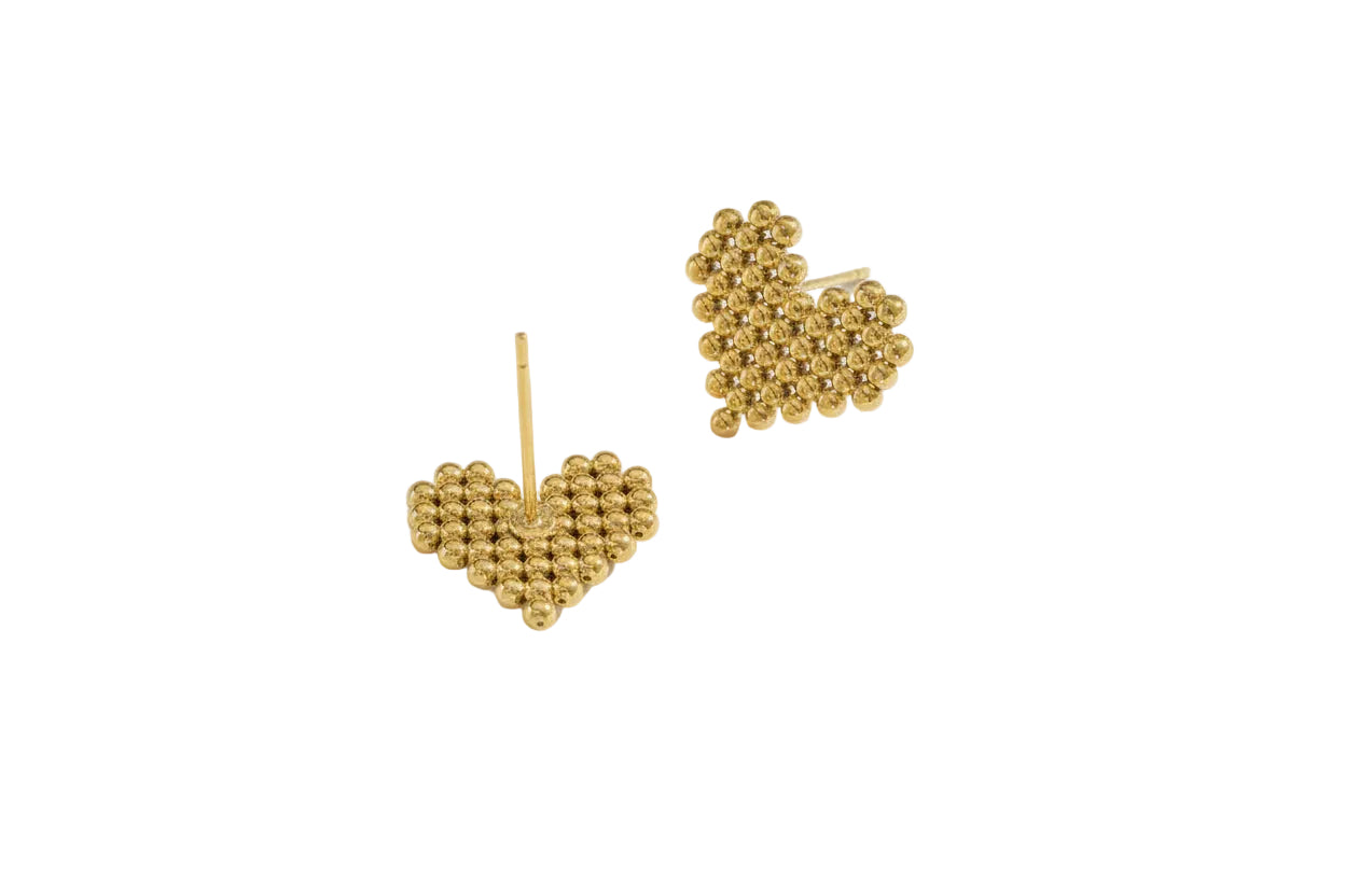 18K gold PVD plated stainless steel beaded heart stud earrings for women, geometric heart design, 1.8 × 2 cm size.