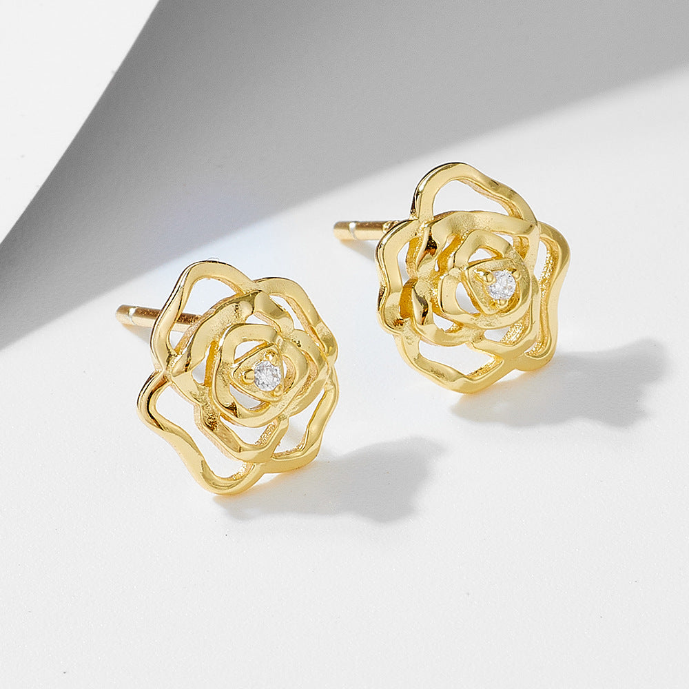 Gold plated 925 sterling silver flower jewelry set with zircon stones including pendant necklace, stud earrings and ring