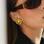 18K gold plated stainless steel circle disc stud earrings for women, classic beanie-style design, 24mm size, polished finish.