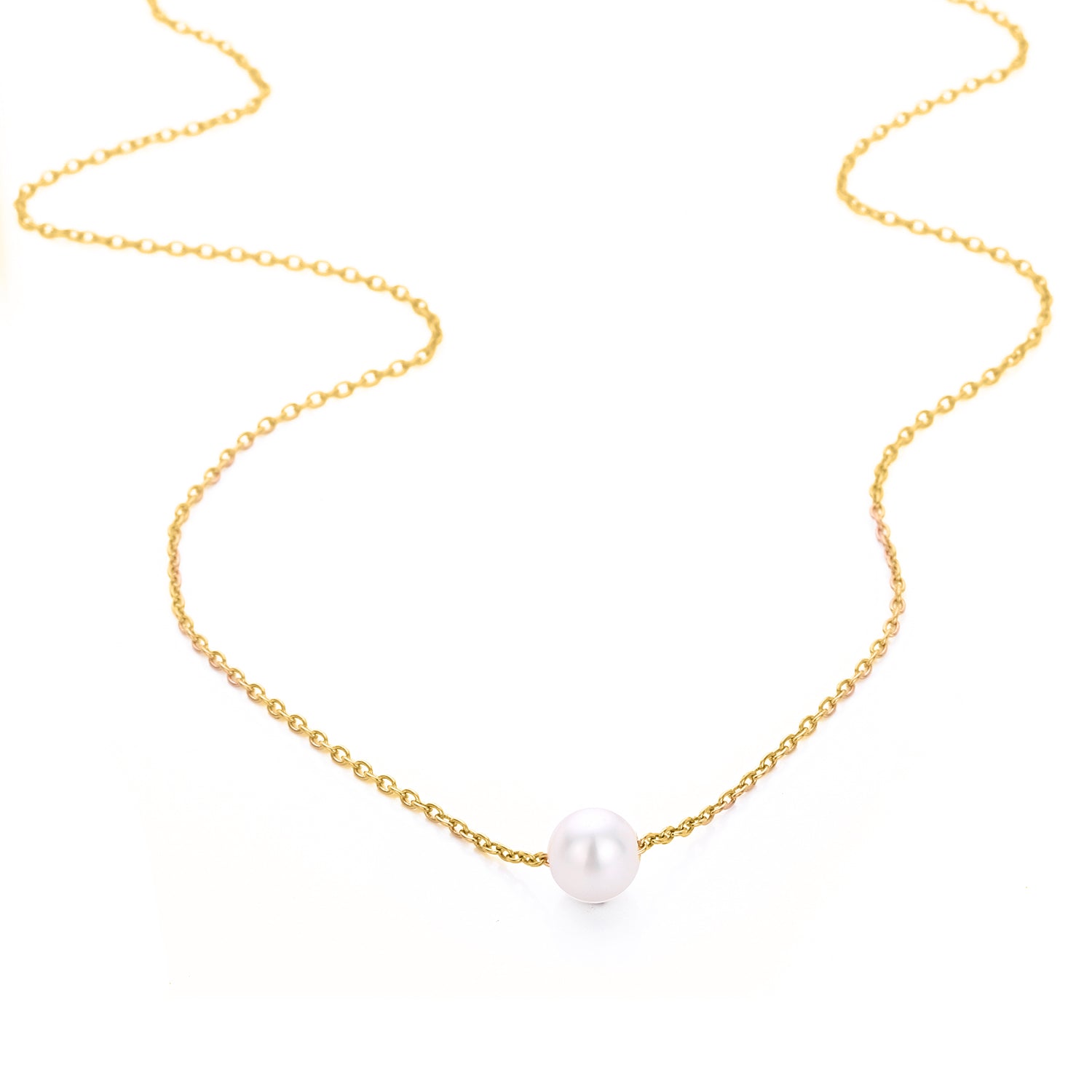 Minimalist stainless steel pearl choker necklace with 5mm pearl pendant, adjustable 15–17 inches chain, worn on model.