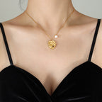 18K gold plated stainless steel geometric pendant necklace with freshwater pearl, adjustable chain, trendy vintage women’s jewelry on white background