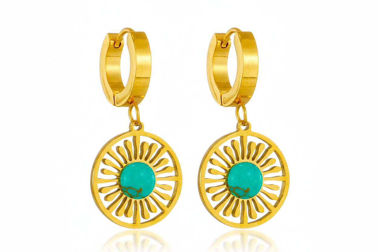 Gold plated stainless steel hoop earrings with round hollow geometric pendant, modern minimalist design for women.