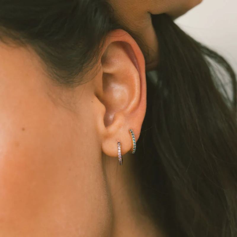 14K Gold Plated Birthstone Hoop Earrings , Stainless Steel CZ Stone Circle Hoops