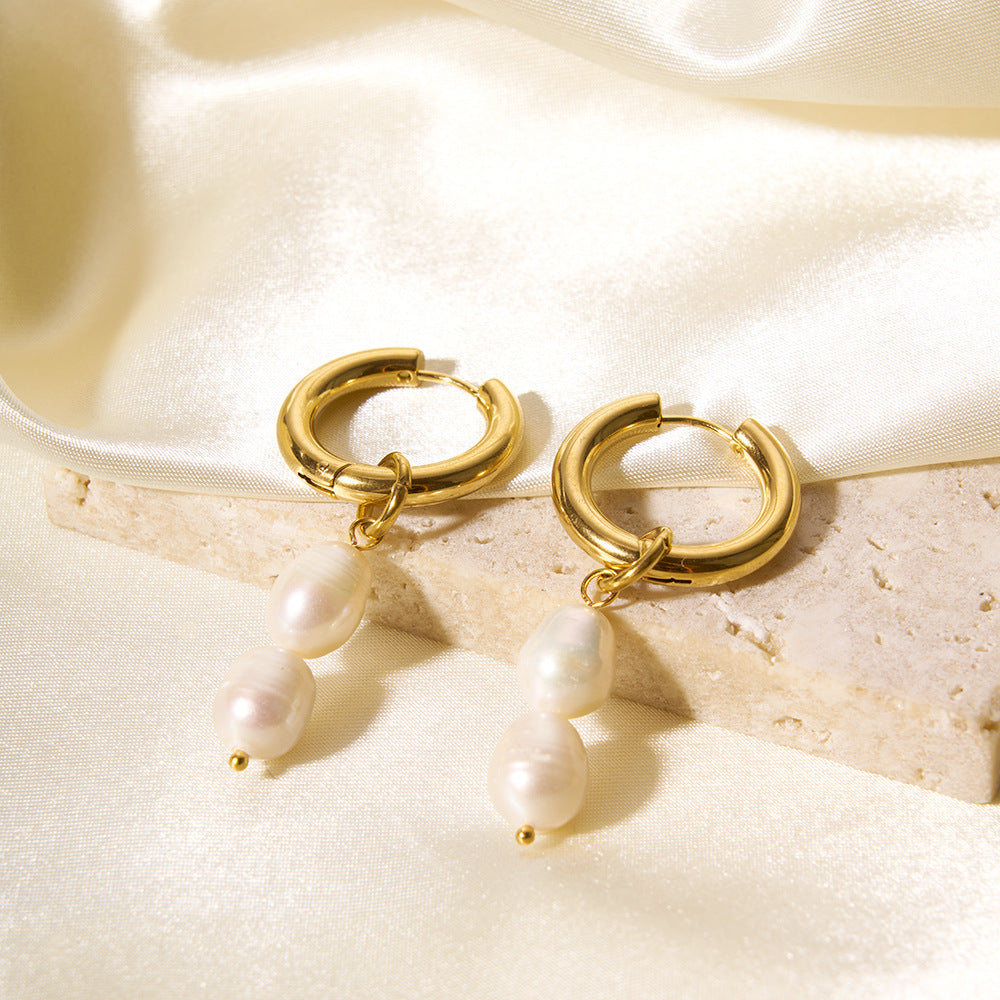 14K Gold Plated Stainless Steel Pearl Drop Hoop Earrings , Freshwater Pearl Dangle Earrings , PVD Titanium Jewelry