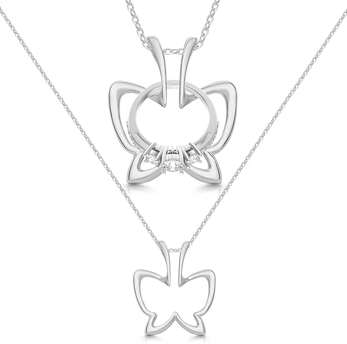 925 Sterling Silver Ring Holder Necklace – Adjustable Ring Keeper Pendant with Butterfly Outline Design