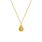 18K gold plated stainless steel water drop pendant necklace with concave geometric design and pearl accent, adjustable chain on white background