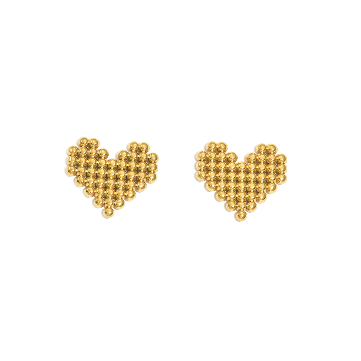 18K gold PVD plated stainless steel beaded heart stud earrings for women, geometric heart design, 1.8 × 2 cm size.