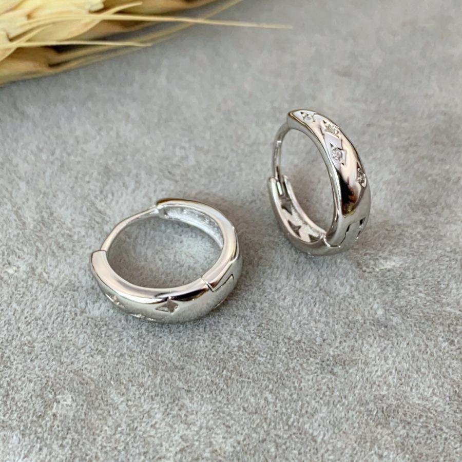 18K gold plated 925 sterling silver huggie hoop earrings with star-set zircon stones, small and large sizes